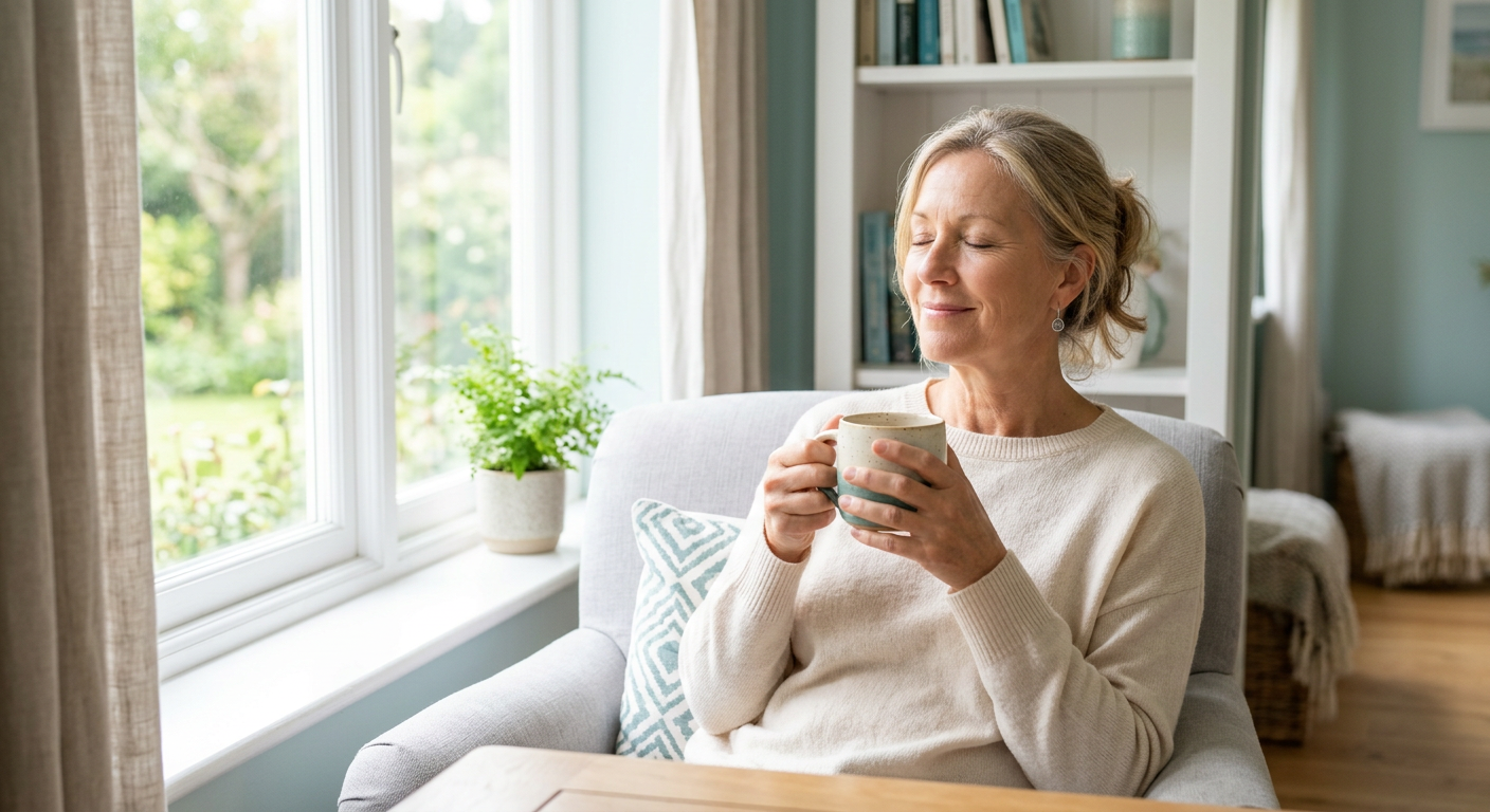 A relaxed woman enjoying a peaceful, quiet morning by the window with a cup of tea