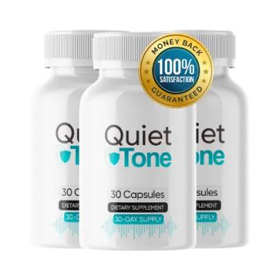 Three bottles of Quiet Tone dietary supplement, 30 capsules each, with a 100% satisfaction guaranteed seal